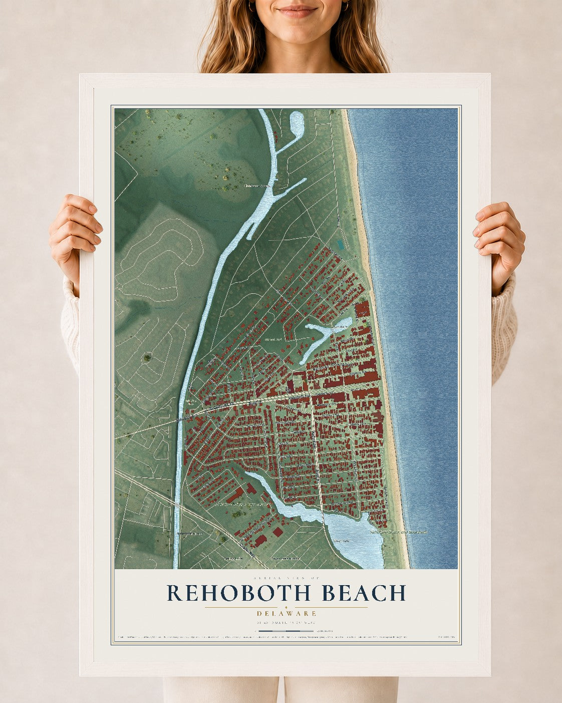 Map of Rehoboth Beach, Delaware, 24 x 36 inch print in a white wood frame