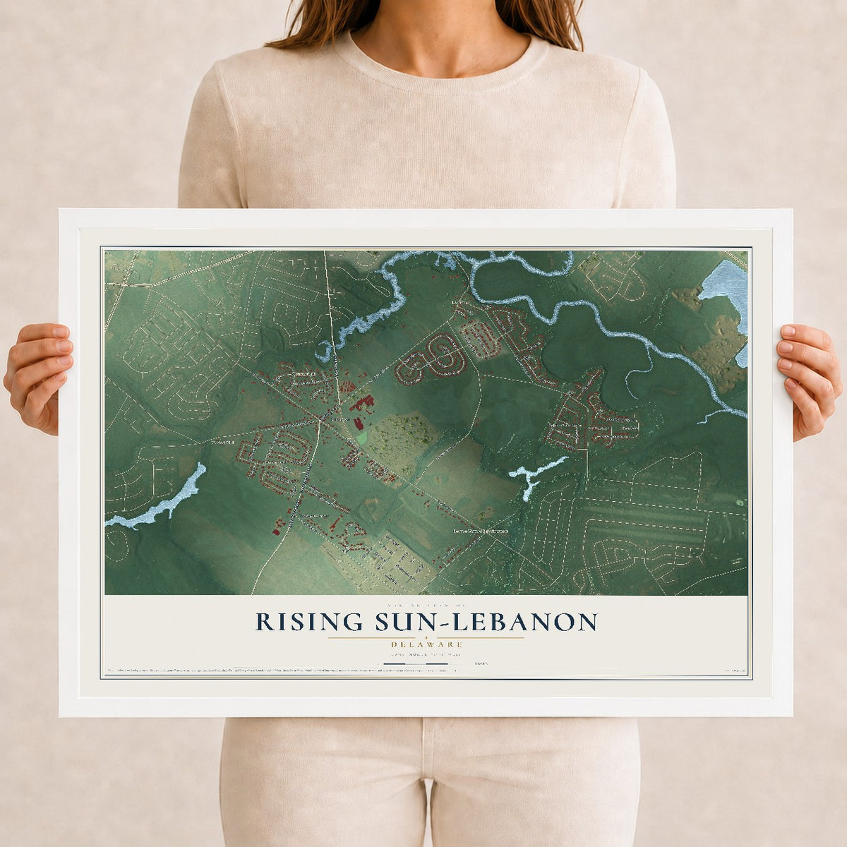 Map of Rising Sun-Lebanon, Delaware, 12 x 18 inch print in a white wood frame