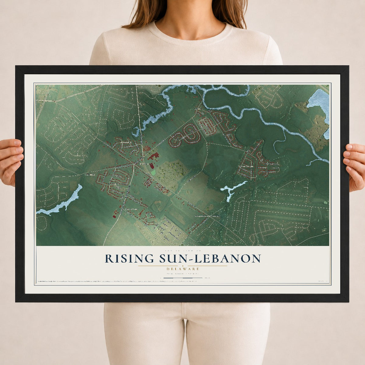 Map of Rising Sun-Lebanon, Delaware, 18 x 24 inch print in a black wood frame