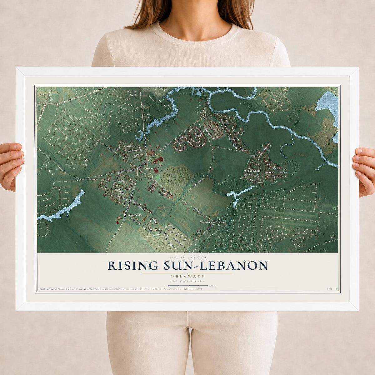 Map of Rising Sun-Lebanon, Delaware, 18 x 24 inch print in a white wood frame