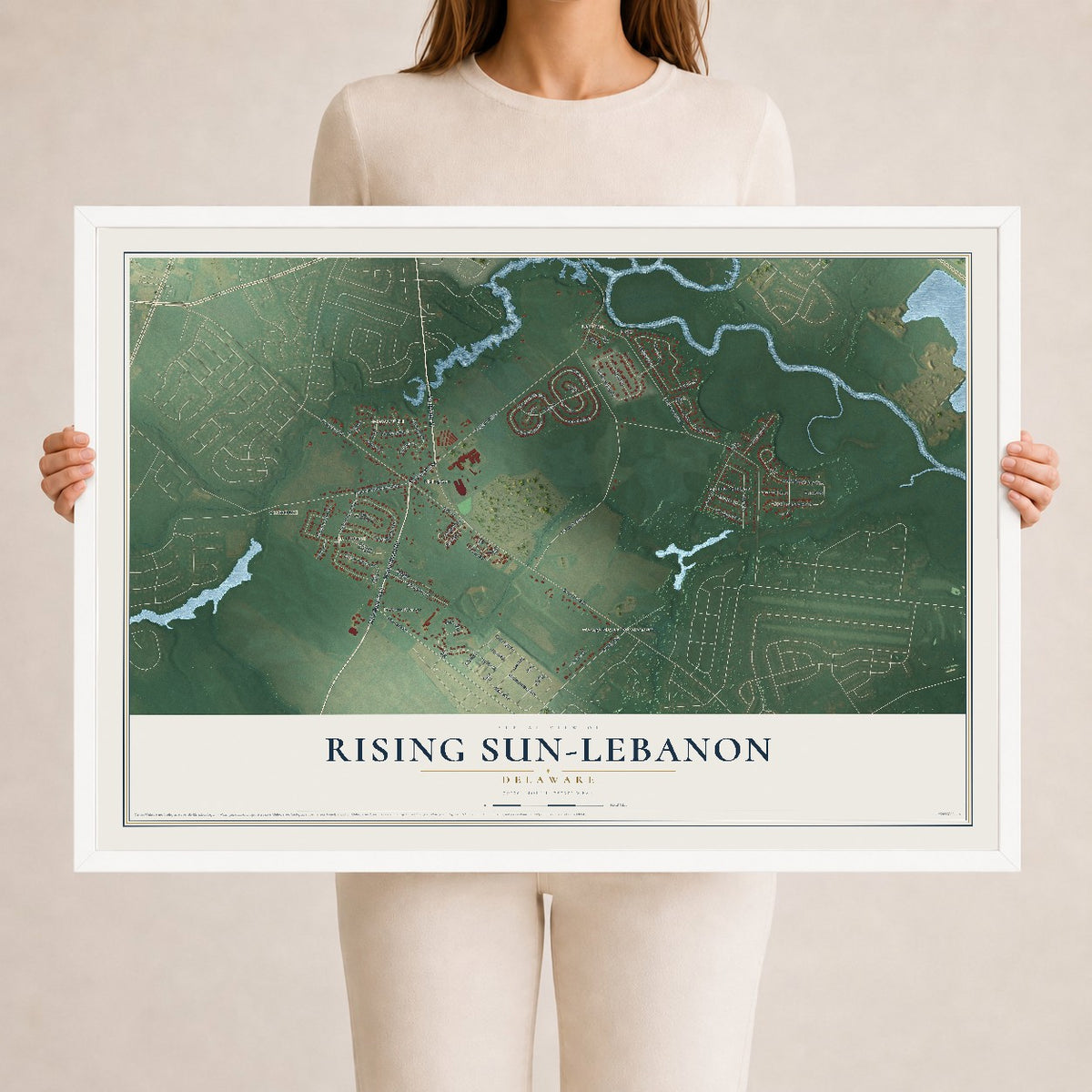 Map of Rising Sun-Lebanon, Delaware, 24 x 36 inch print in a white wood frame