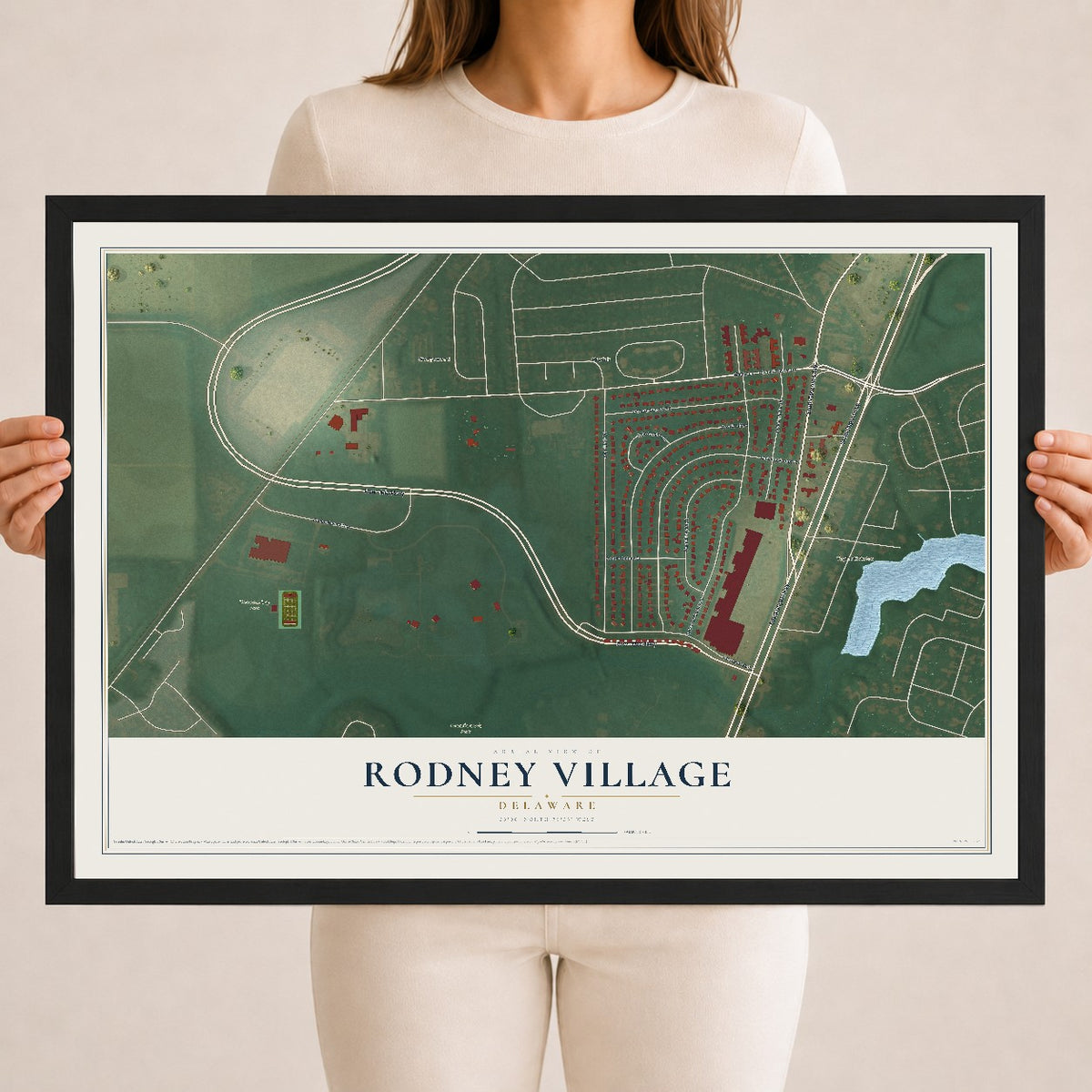 Map of Rodney Village, Delaware, 18 x 24 inch print in a black wood frame