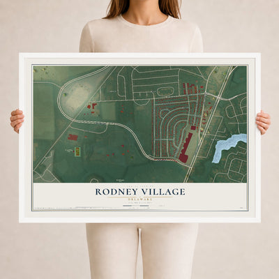 Map of Rodney Village, Delaware, 24 x 36 inch print in a white wood frame