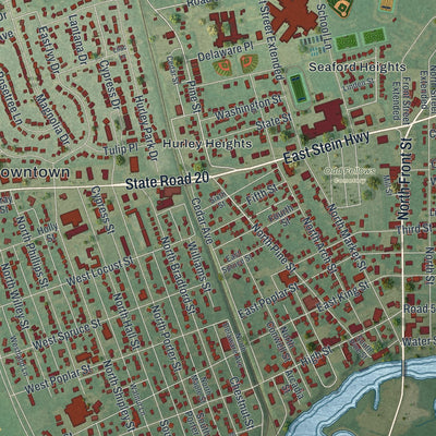 Close-up of the map of Seaford, Delaware print showing street and building detail