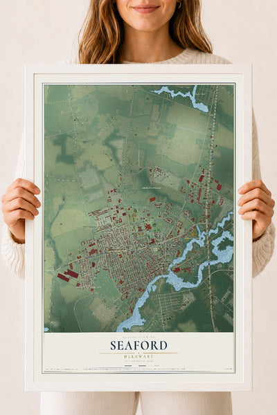Map of Seaford, Delaware, 18 x 24 inch print in a white wood frame