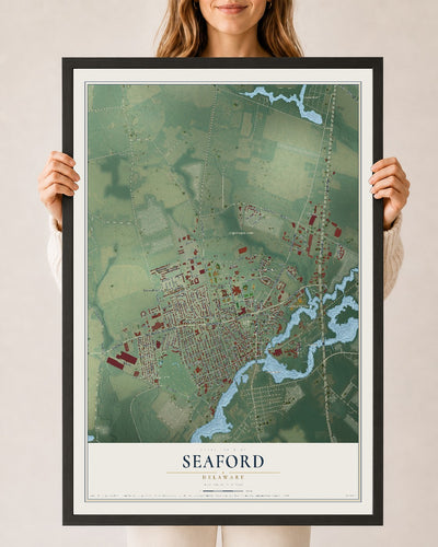 Map of Seaford, Delaware, 24 x 36 inch print in a black wood frame