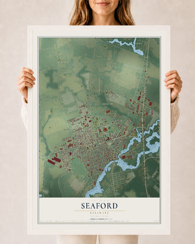 Map of Seaford, Delaware, 24 x 36 inch print in a white wood frame