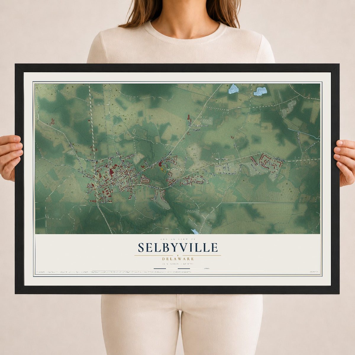 Map of Selbyville, Delaware, 18 x 24 inch print in a black wood frame