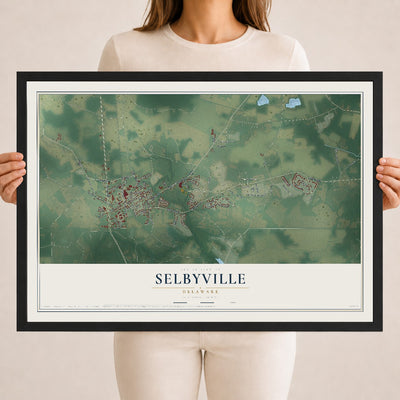Map of Selbyville, Delaware, 18 x 24 inch print in a black wood frame