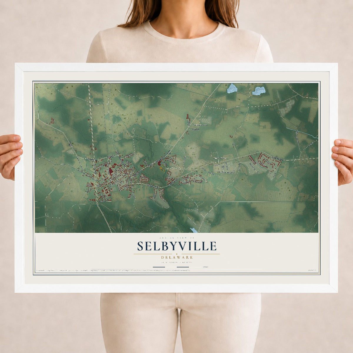 Map of Selbyville, Delaware, 18 x 24 inch print in a white wood frame