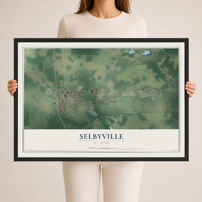 Map of Selbyville, Delaware, 24 x 36 inch print in a black wood frame
