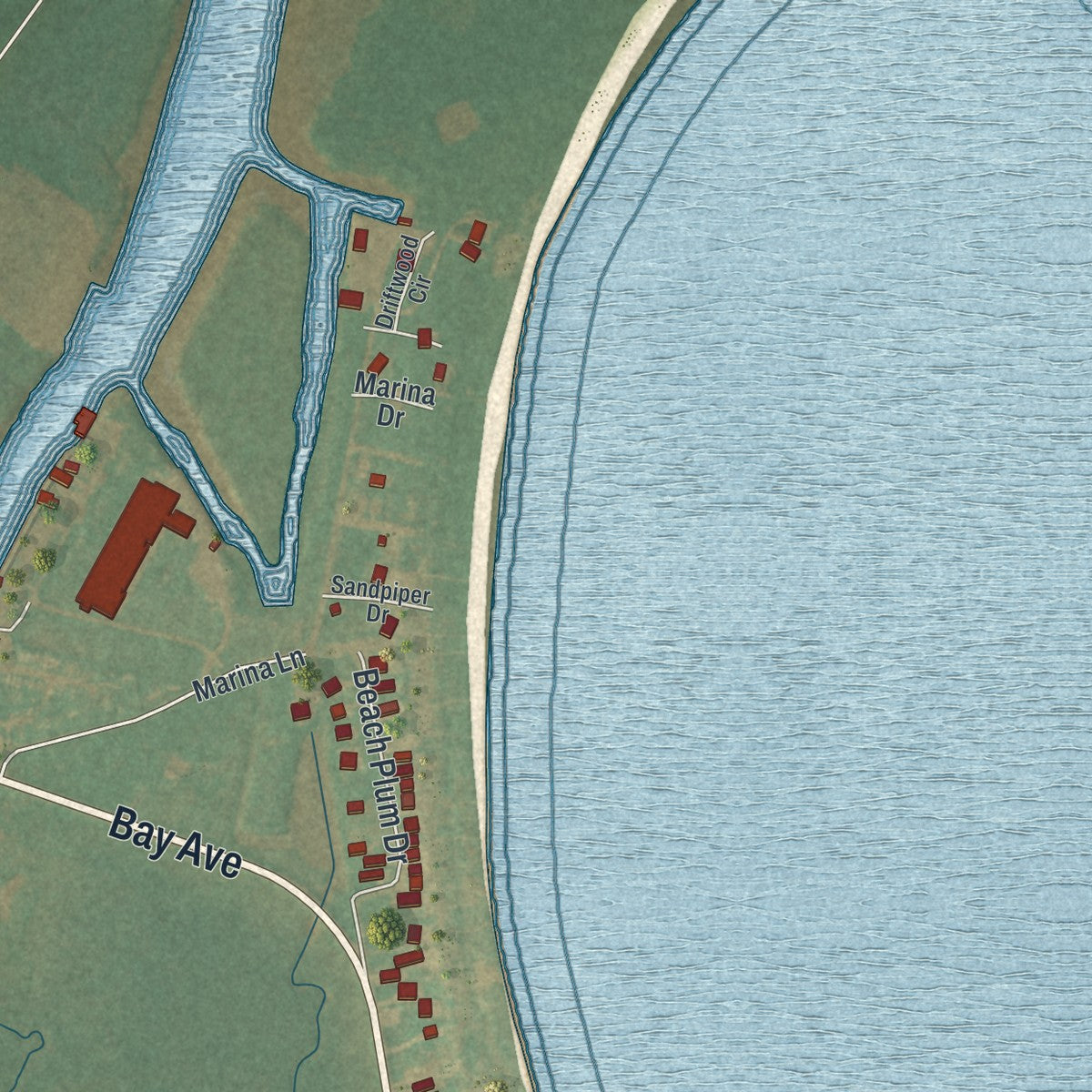 Second close-up of the map of Slaughter Beach, Delaware print showing more streets and buildings