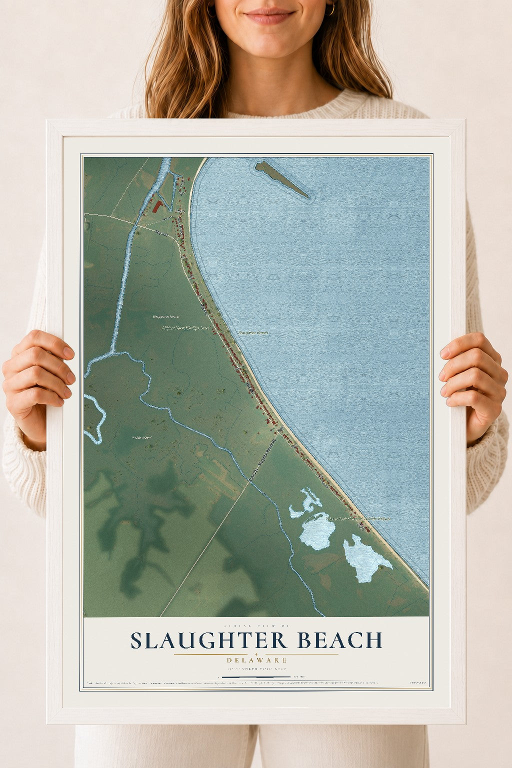 Map of Slaughter Beach, Delaware, 18 x 24 inch print in a white wood frame