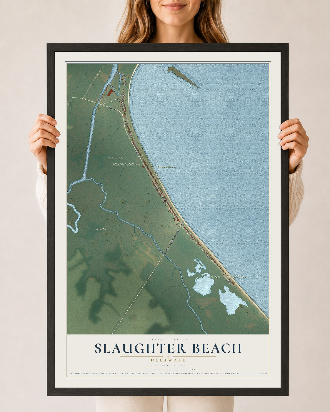 Map of Slaughter Beach, Delaware, 24 x 36 inch print in a black wood frame