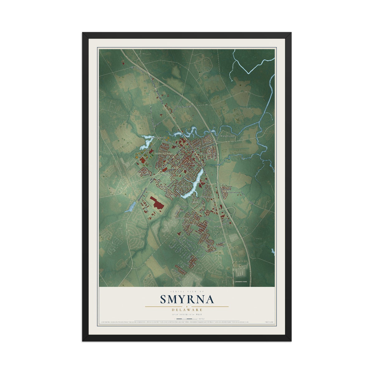 Map of Smyrna, Delaware, 12 x 18 inch print in a black wood frame