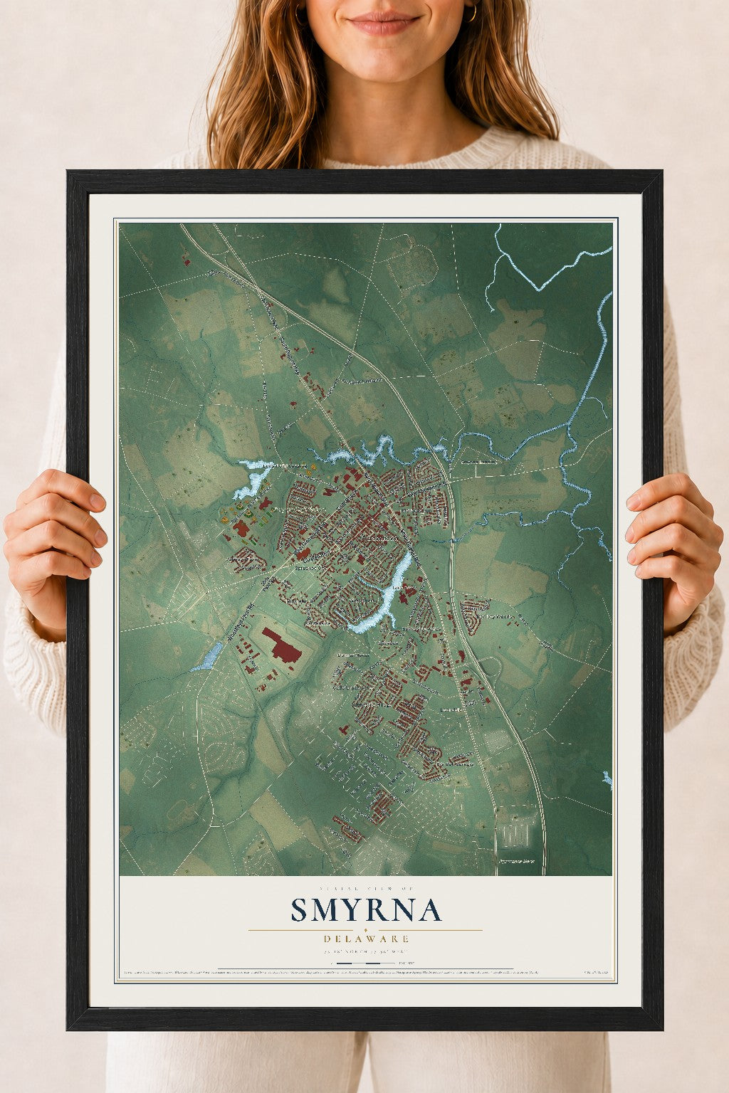 Map of Smyrna, Delaware, 18 x 24 inch print in a black wood frame