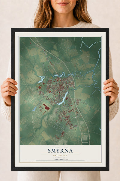 Map of Smyrna, Delaware, 18 x 24 inch print in a black wood frame