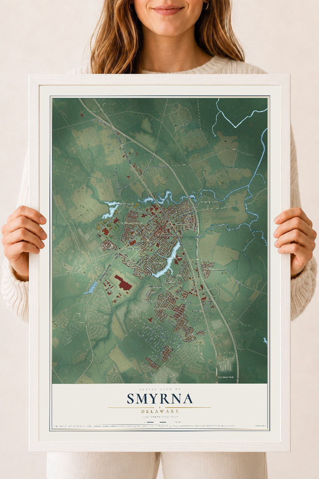 Map of Smyrna, Delaware, 18 x 24 inch print in a white wood frame