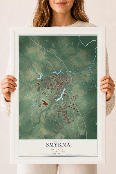 Map of Smyrna, Delaware, 18 x 24 inch print in a white wood frame