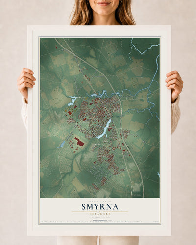 Map of Smyrna, Delaware, 24 x 36 inch print in a white wood frame