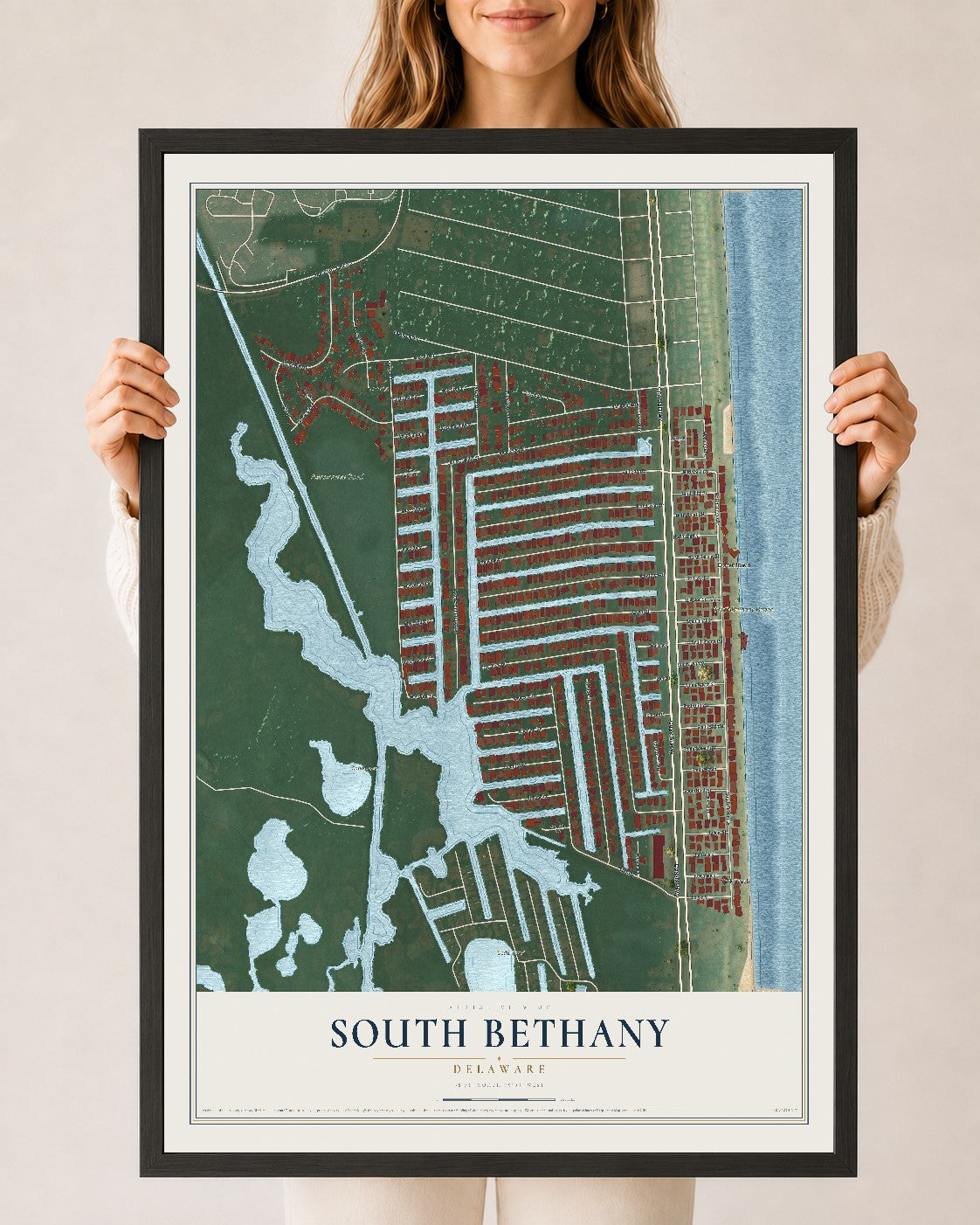 Map of South Bethany, Delaware, 24 x 36 inch print in a black wood frame