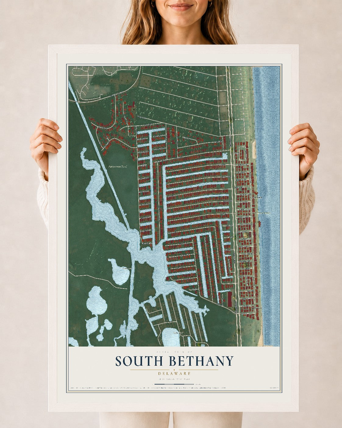 Map of South Bethany, Delaware, 24 x 36 inch print in a white wood frame
