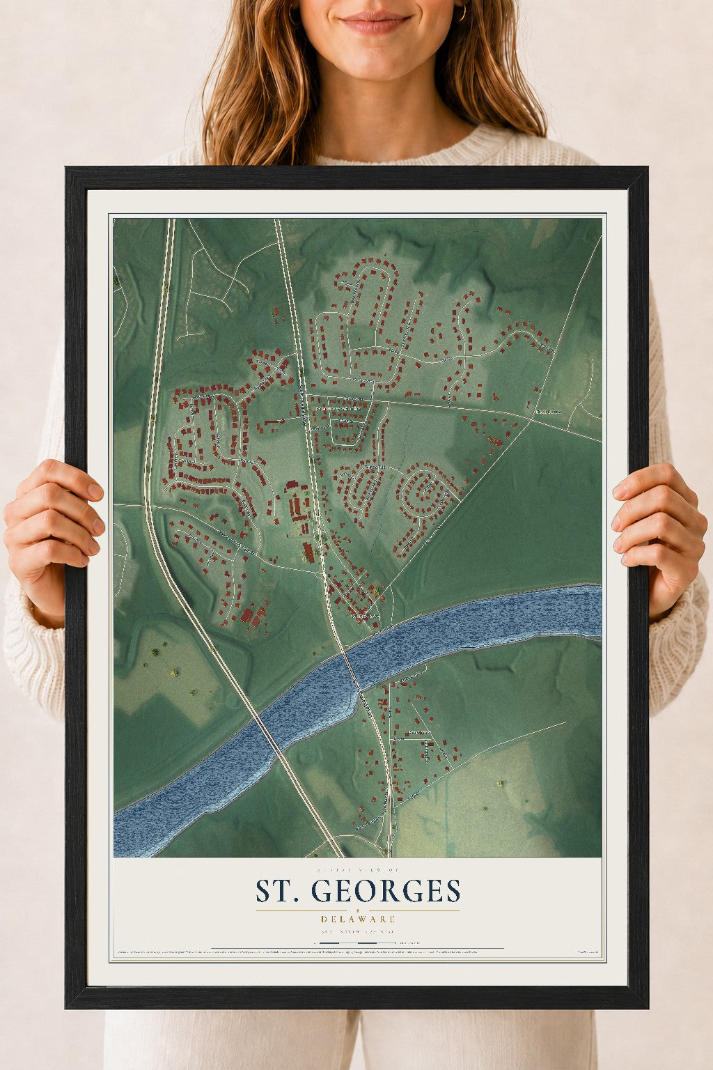 Map of St. Georges, Delaware, 18 x 24 inch print in a black wood frame