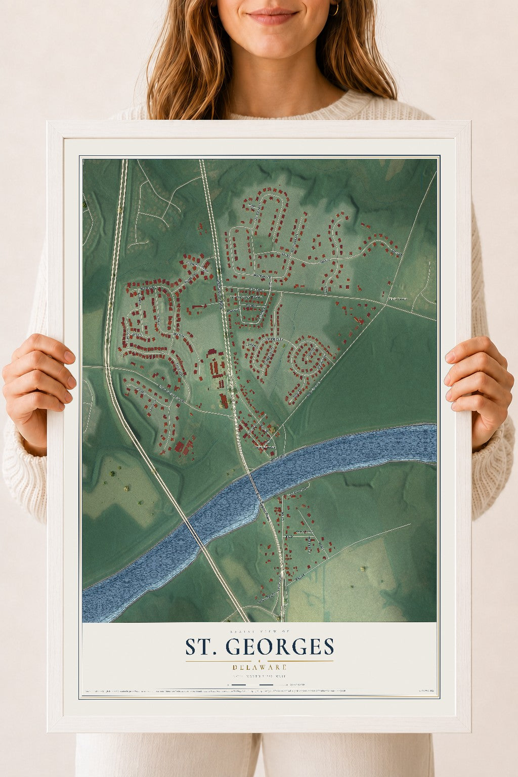 Map of St. Georges, Delaware, 18 x 24 inch print in a white wood frame
