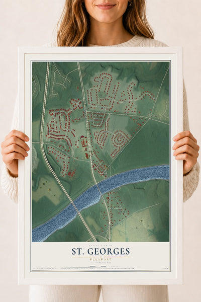 Map of St. Georges, Delaware, 18 x 24 inch print in a white wood frame