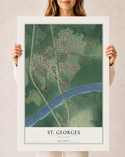 Map of St. Georges, Delaware, 24 x 36 inch print in a white wood frame