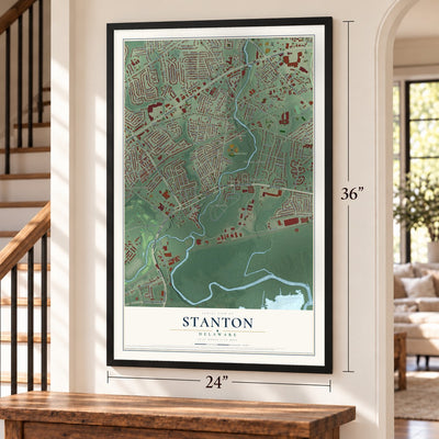 Stanton, Delaware map, 24 x 36 inch print in a black frame by a staircase