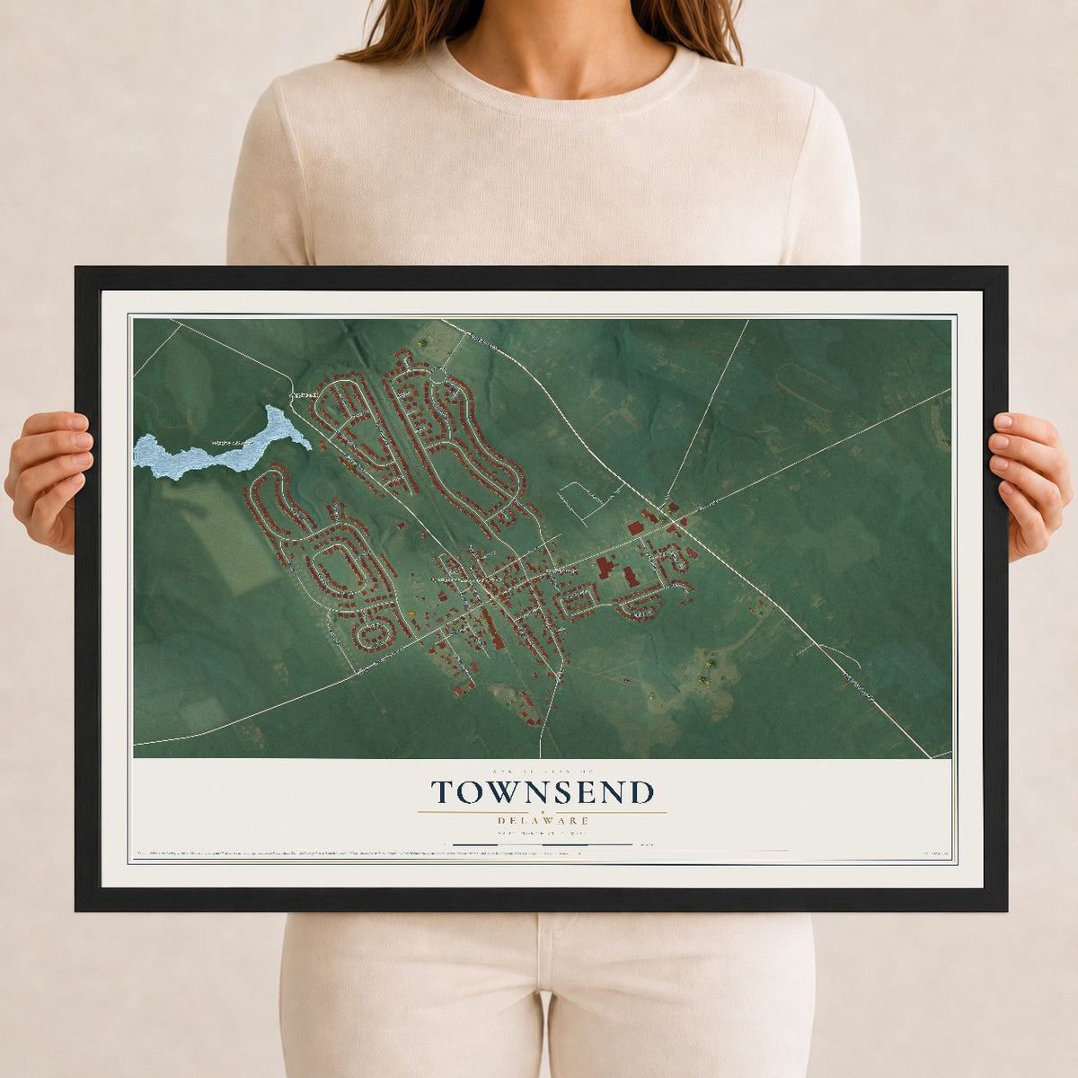Map of Townsend, Delaware, 12 x 18 inch print in a black wood frame