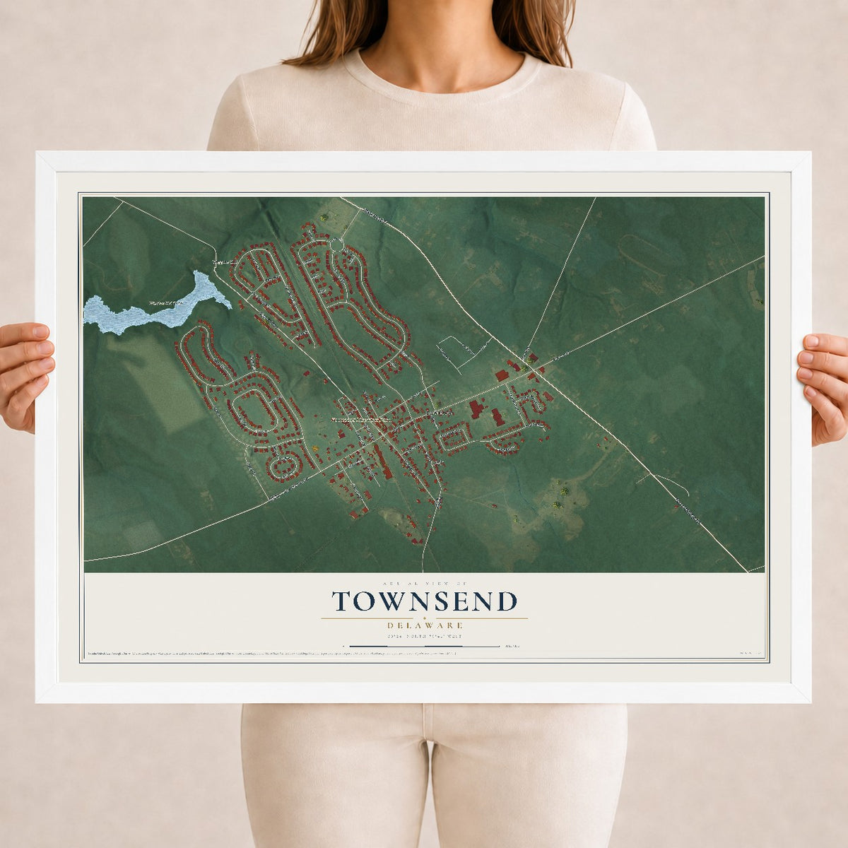 Map of Townsend, Delaware, 18 x 24 inch print in a white wood frame