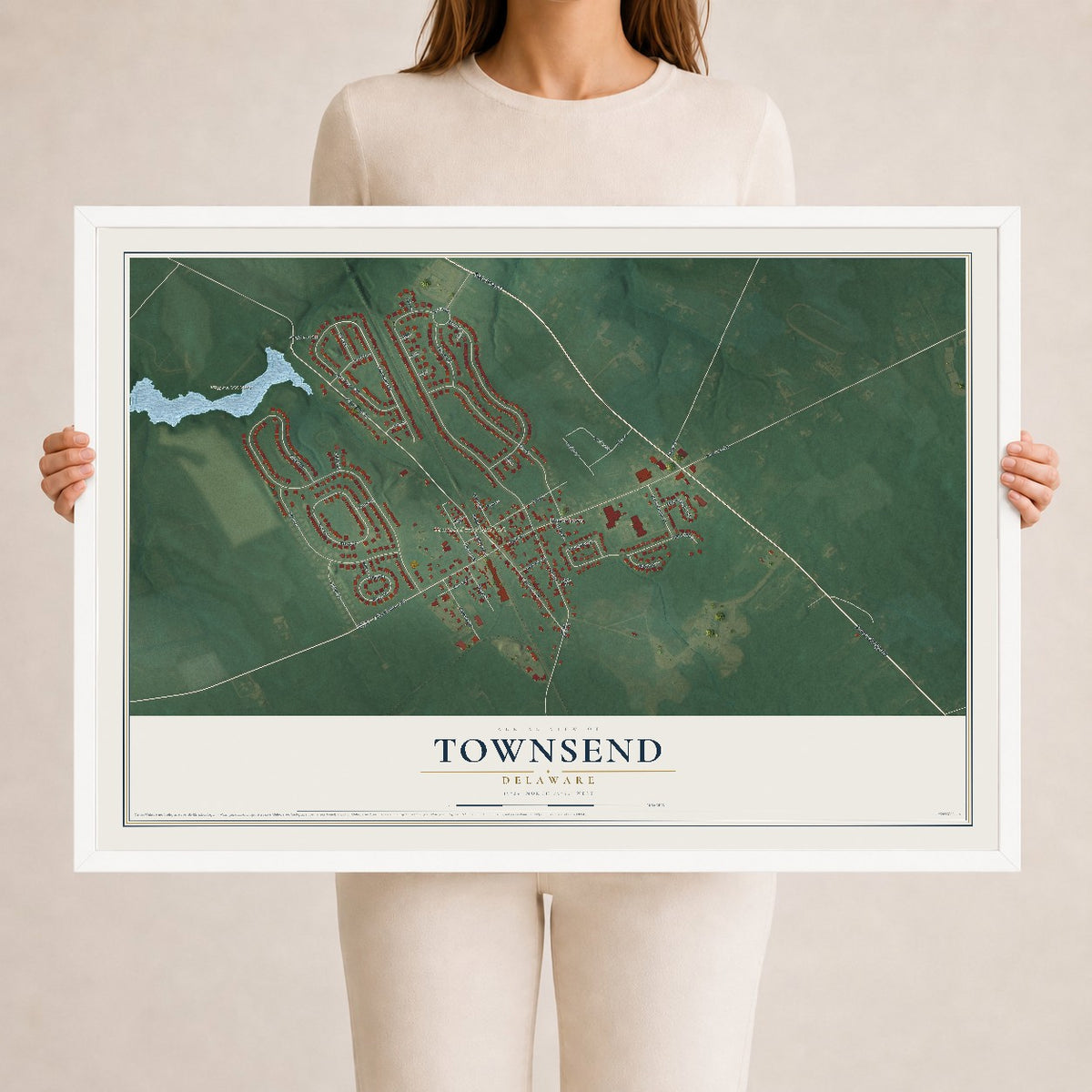Map of Townsend, Delaware, 24 x 36 inch print in a white wood frame