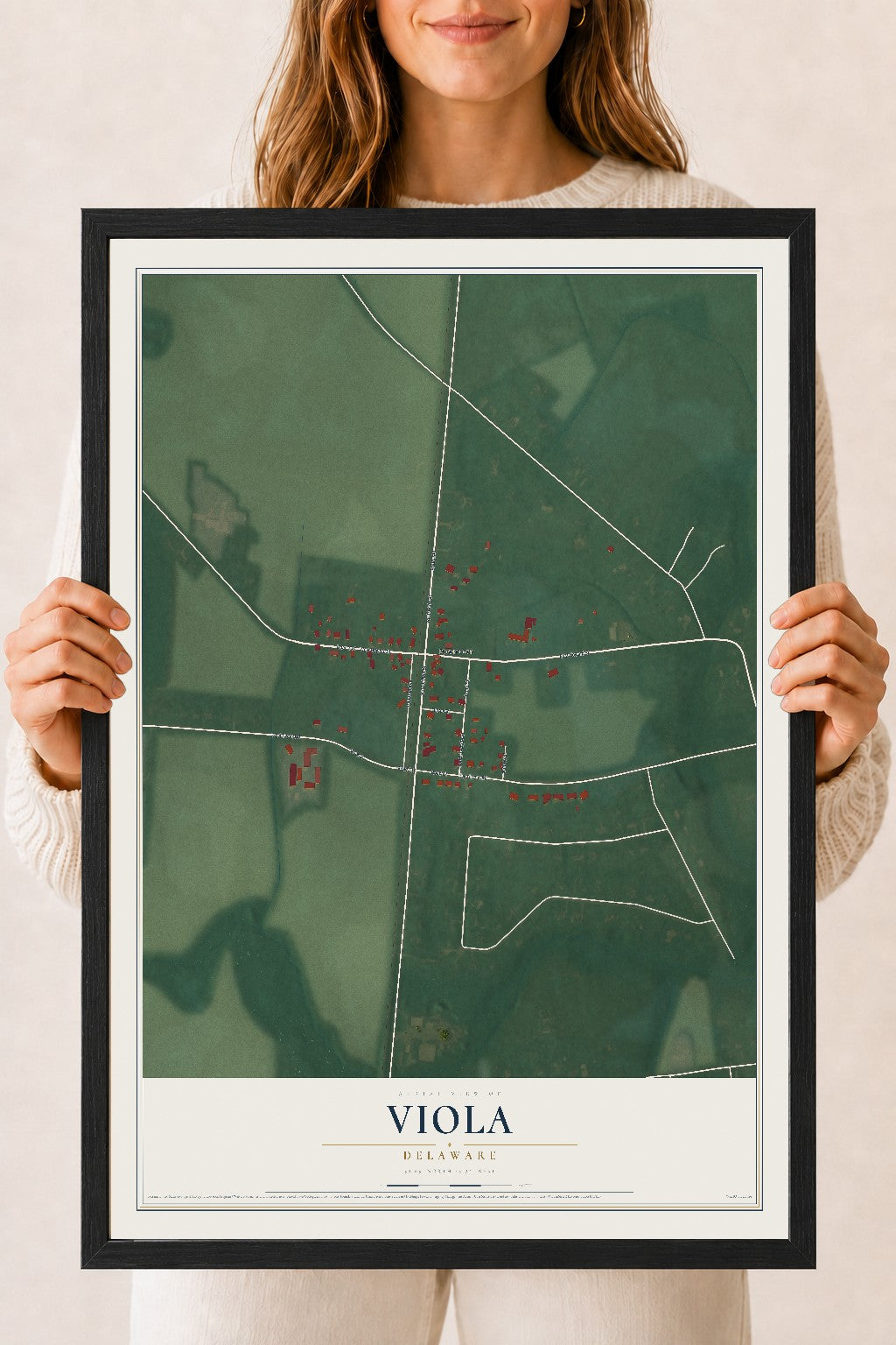 Map of Viola, Delaware, 18 x 24 inch print in a black wood frame