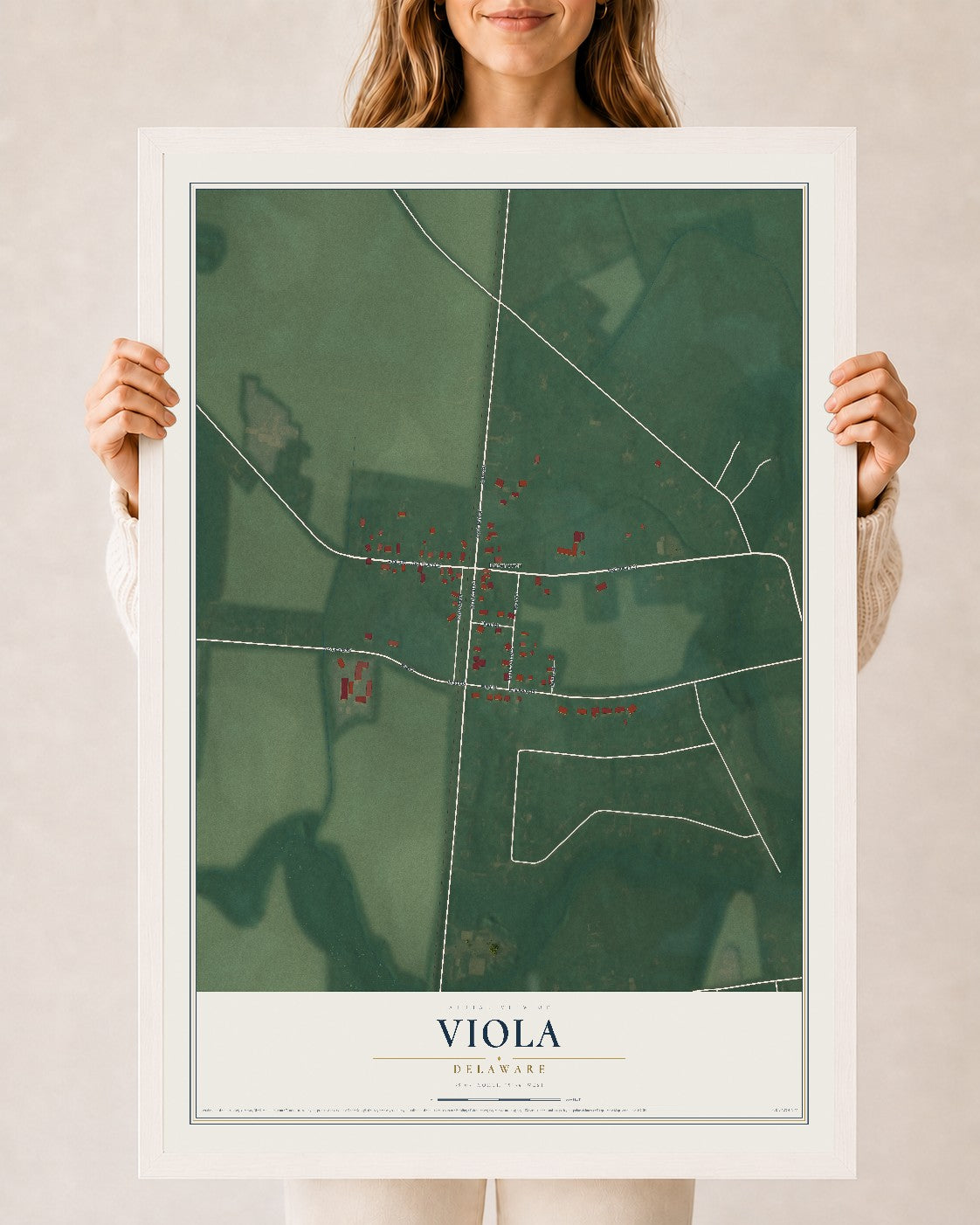 Map of Viola, Delaware, 24 x 36 inch print in a white wood frame