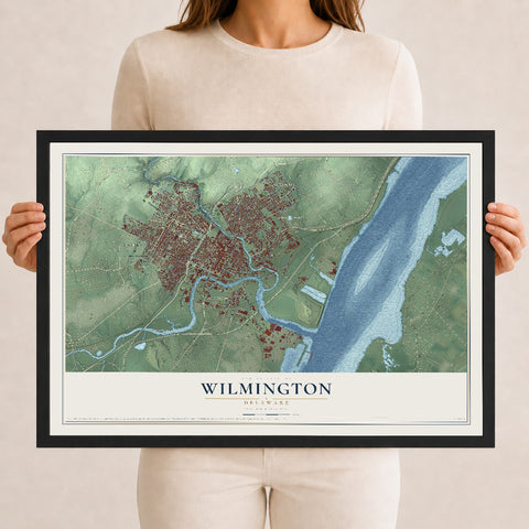 Map of Wilmington, Delaware, 12 x 18 inch print in a black wood frame