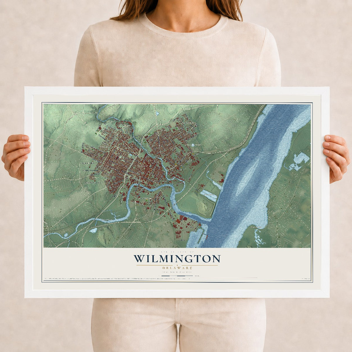 Map of Wilmington, Delaware, 12 x 18 inch print in a white wood frame
