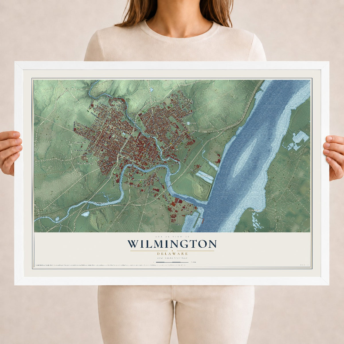 Map of Wilmington, Delaware, 18 x 24 inch print in a white wood frame