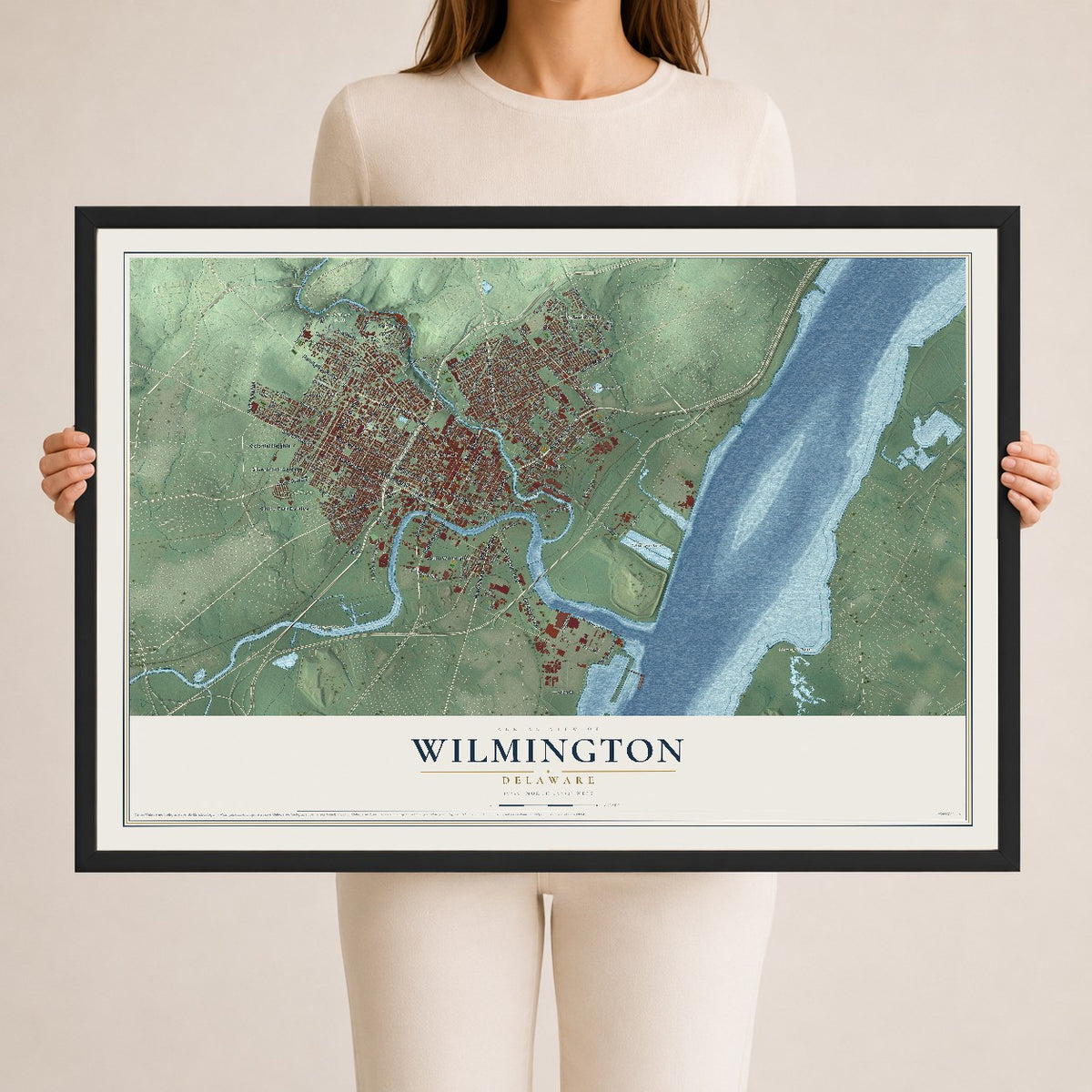 Map of Wilmington, Delaware, 24 x 36 inch print in a black wood frame
