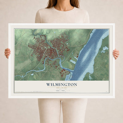 Map of Wilmington, Delaware, 24 x 36 inch print in a white wood frame