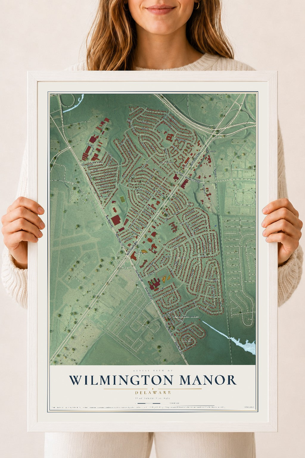 Map of Wilmington Manor, Delaware, 18 x 24 inch print in a white wood frame