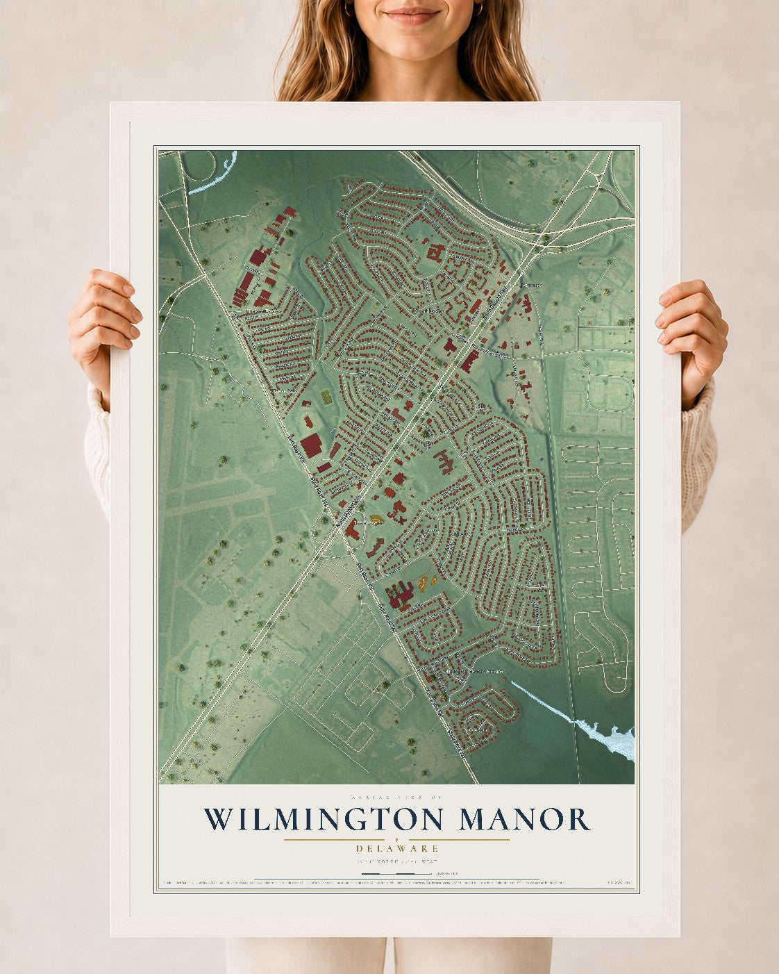 Map of Wilmington Manor, Delaware, 24 x 36 inch print in a white wood frame