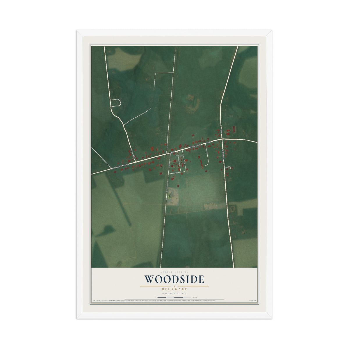 Map of Woodside, Delaware, 12 x 18 inch print in a white wood frame