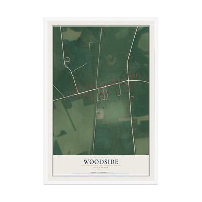 Map of Woodside, Delaware, 12 x 18 inch print in a white wood frame