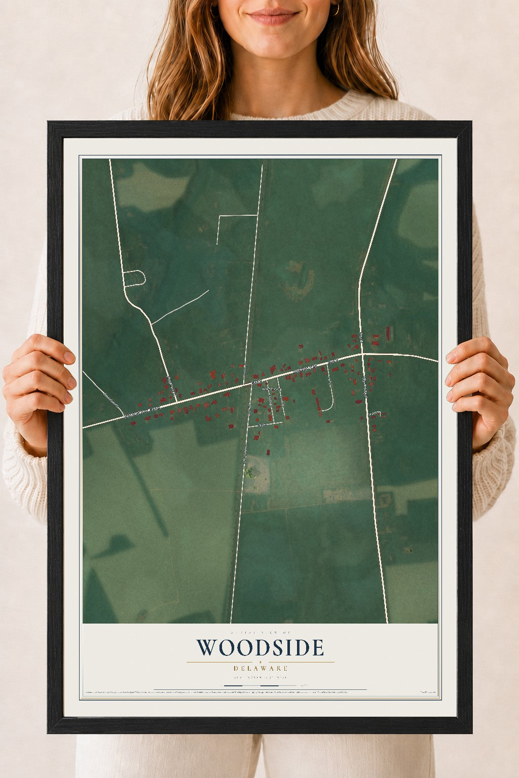 Map of Woodside, Delaware, 18 x 24 inch print in a black wood frame