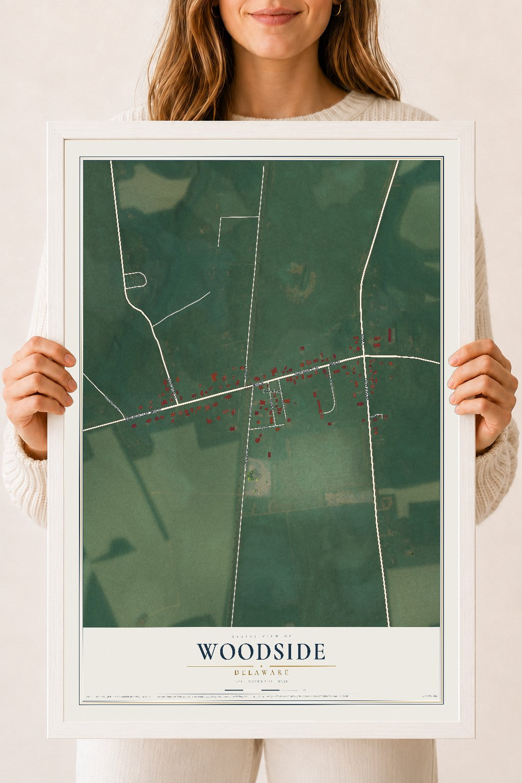 Map of Woodside, Delaware, 18 x 24 inch print in a white wood frame