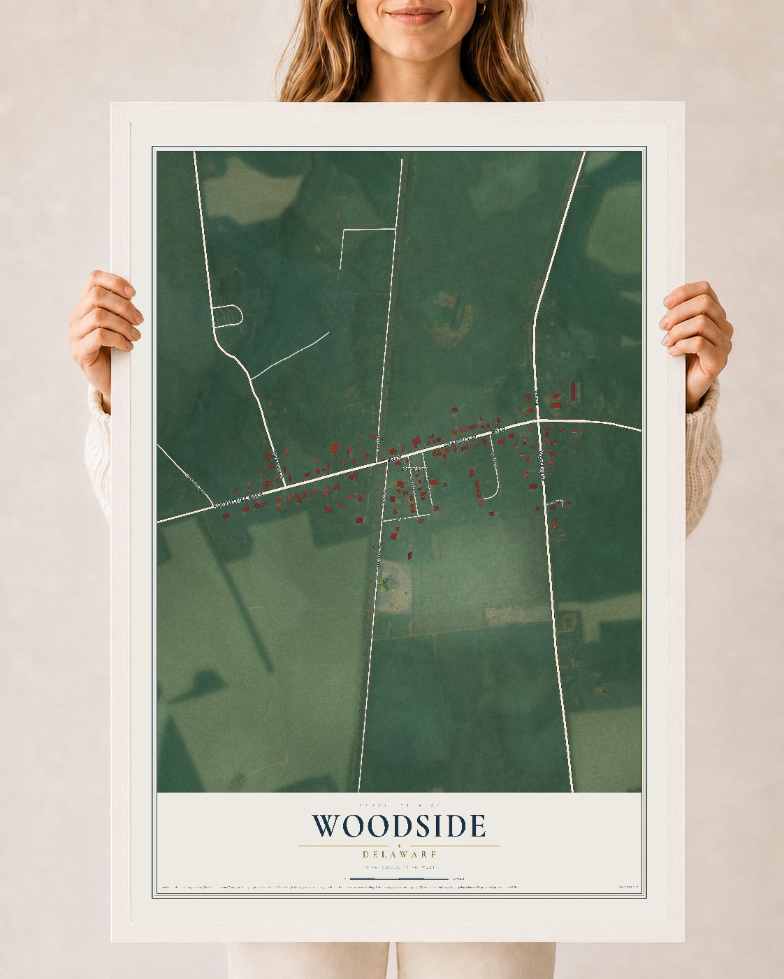 Map of Woodside, Delaware, 24 x 36 inch print in a white wood frame