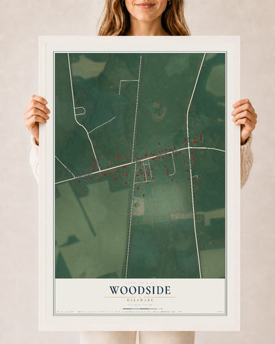 Map of Woodside, Delaware, 24 x 36 inch print in a white wood frame