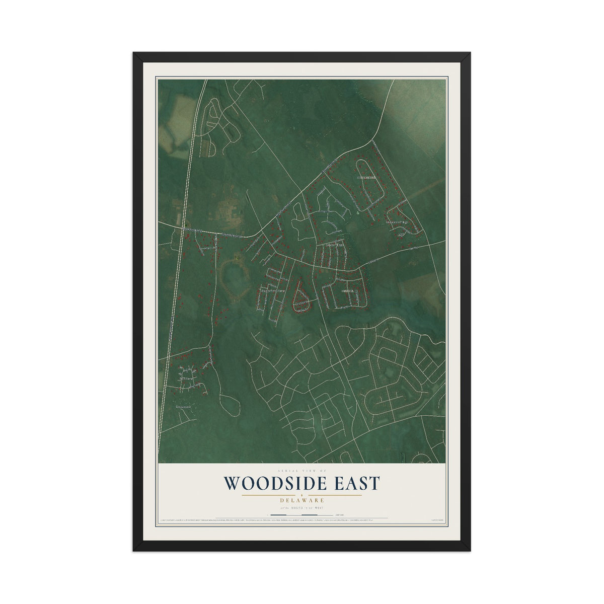 Map of Woodside East, Delaware, 12 x 18 inch print in a black wood frame